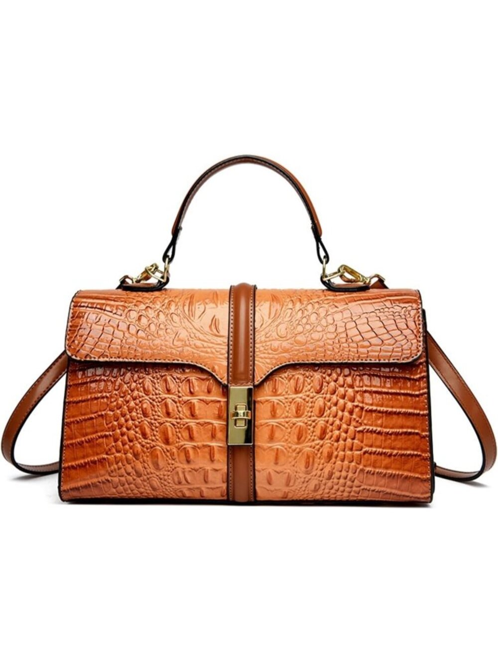 Women's Brown Patent Faux Leather Satchel Crocodile Zipper Shoulder Bag